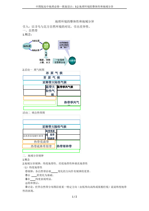 中图版高中地理必修一教案设计：3.2地理环境的整体性和地域分异