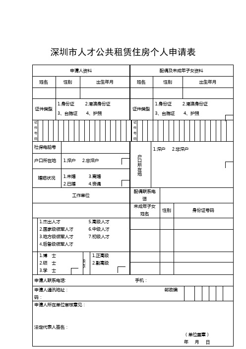 深圳市人才公共租赁住房个人申请表【模板】