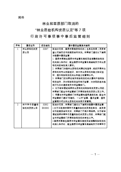 林业和草原部门取消的“林业质检机构资质认定”等7项行政许可事项事中事后监管细则