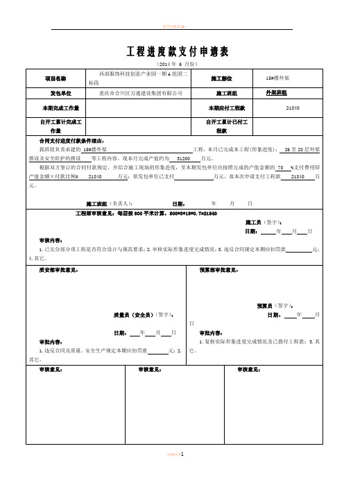 工程进度款支付申请表(施工班组填写)