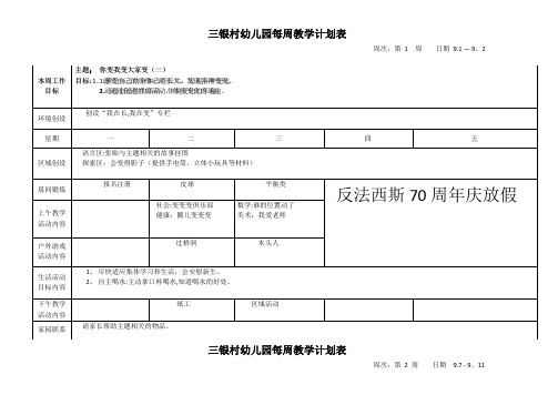 2015幼儿园大班每周教学计划表第一学期