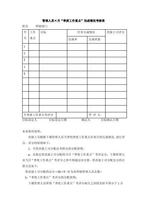 管理人员“季度工作重点”完成情况考核表