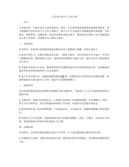 大学班长的个人工作计划