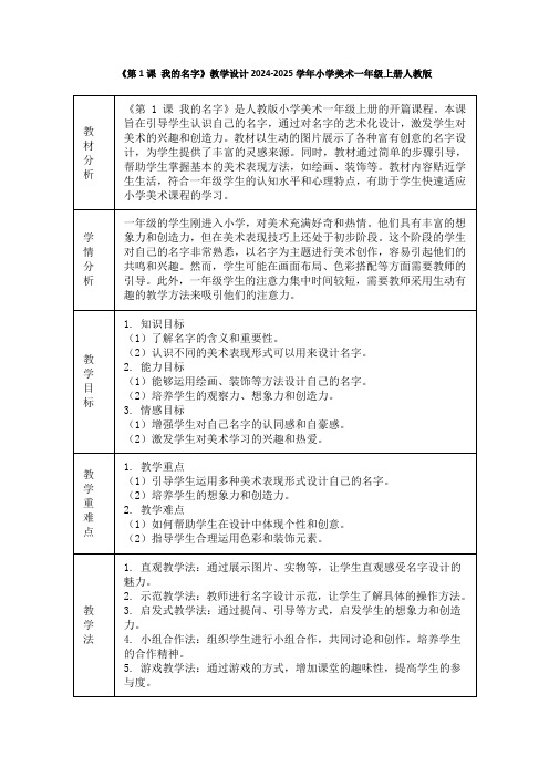 《第1课 我的名字》教学设计2024-2025学年小学美术一年级上册人教版(2024)