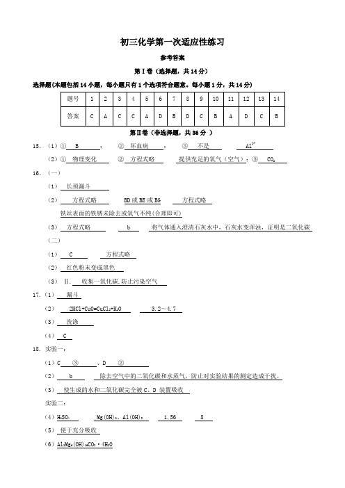 初三 初中毕业升学模拟考试 化学 试卷 参考答案