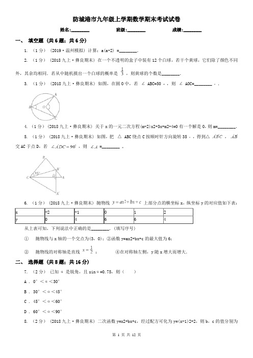 防城港市九年级上学期数学期末考试试卷