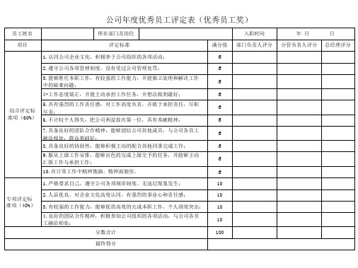 公司年度优秀员工评定表