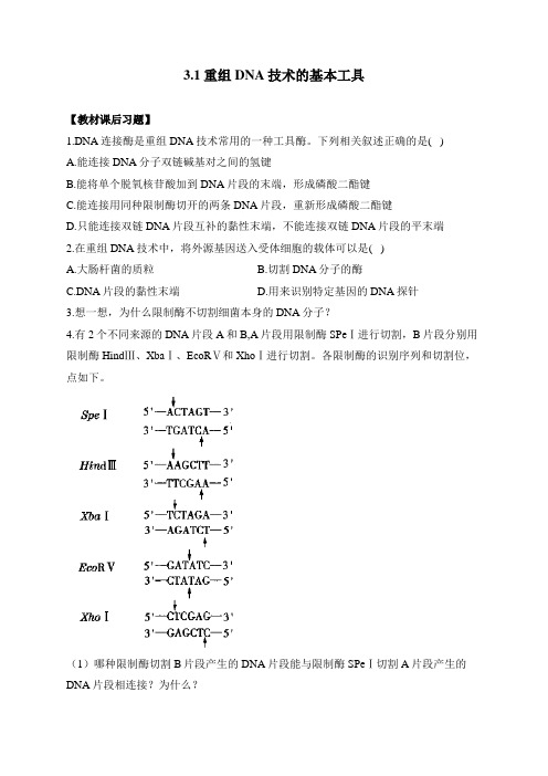 重组DNA技术的基本工具——高二生物学人教版(2019)选择性必修三洞悉课后习题(有解析)