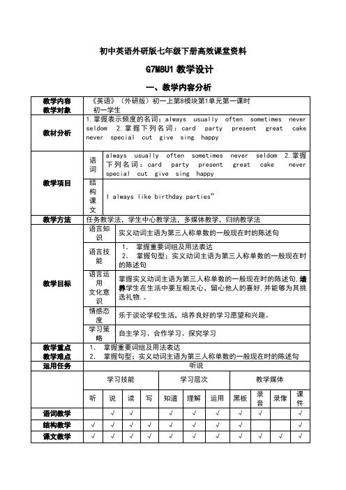 初中英语外研版七年级下册高效课堂资料G7M8U1教学设计