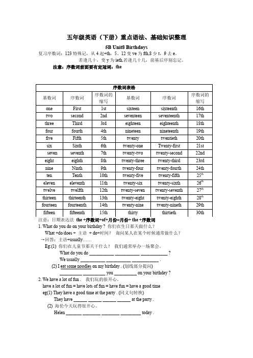 译林版五年级英语下册Unit8 birthdays重点语法、基础知识整理