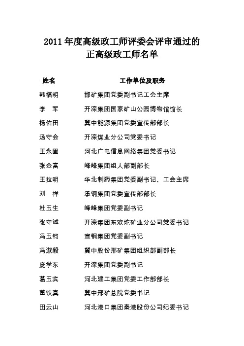 2011年度高级政工师评委会评审通过的