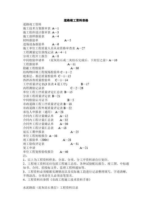 道路竣工资料表格