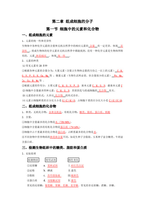 最新人教版生物必修一第二章知识点