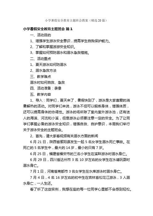 小学暑假安全教育主题班会教案（精选20篇）