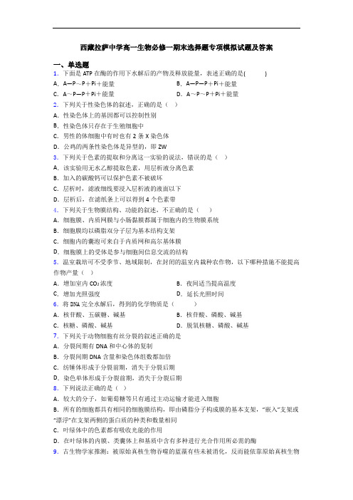 西藏拉萨中学高一生物必修一期末选择题专项模拟试题及答案