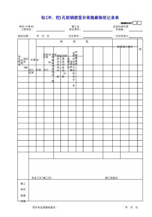 17钻(冲、挖)孔桩钢筋笼安装隐蔽验收记录表