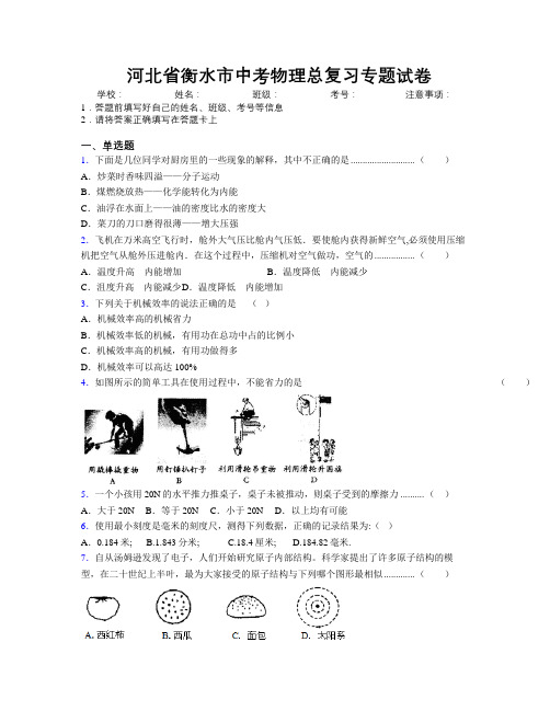 最新河北省衡水市中考物理总复习专题试卷附解析