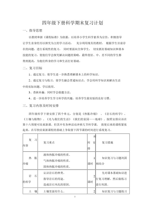 (完整版)青岛版四年级下册科学期末复习计划.docx