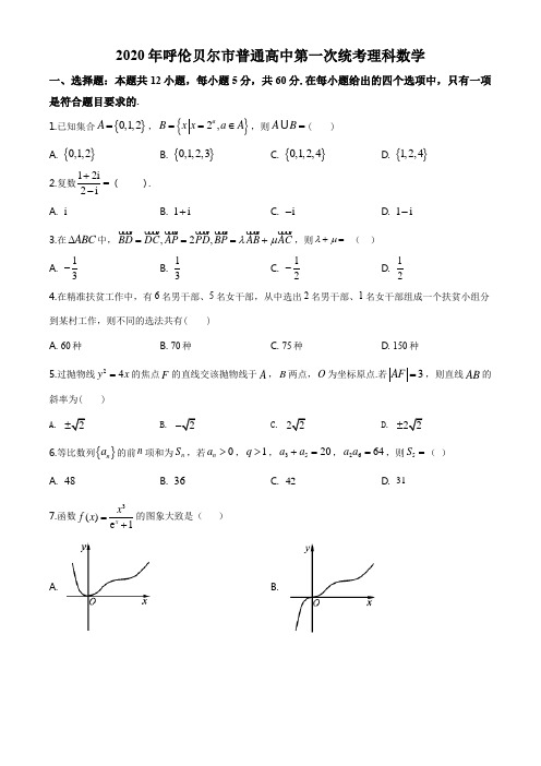 2020届内蒙古呼伦贝尔市海拉尔区高三第一次统考理科数学试题