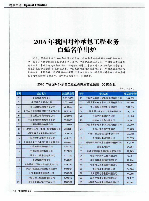 2016年我国对外承包工程业务百强名单出炉