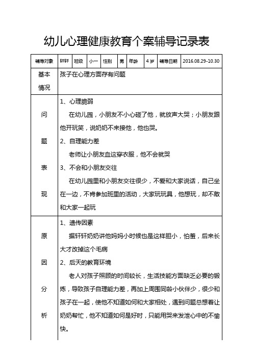 幼儿心理健康教育个案辅导记录表-中班心理疏导记录表