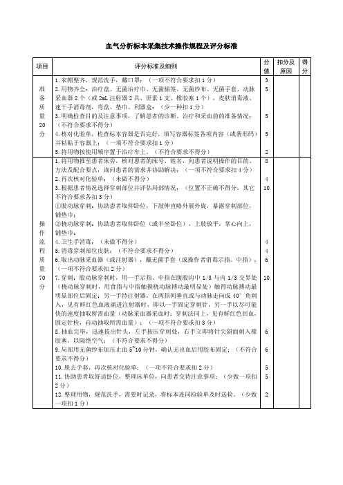 血气分析标本采集技术操作规程及评分标准