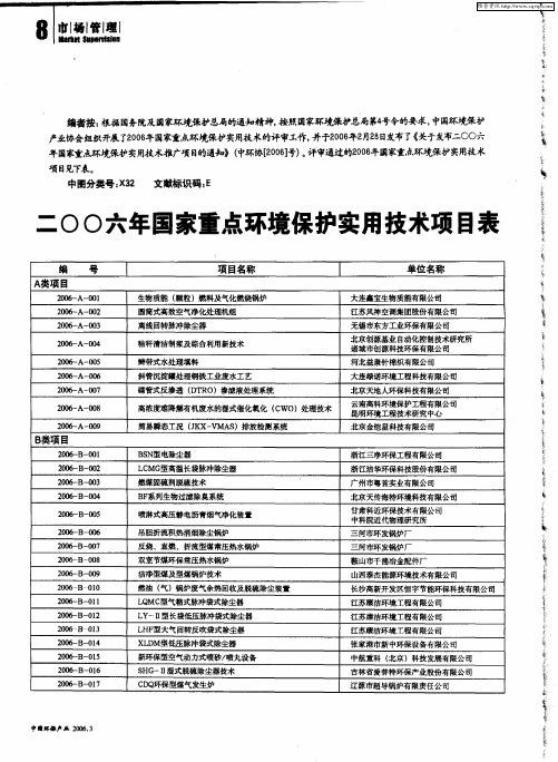 二○○六年国家重点环境保护实用技术项目表