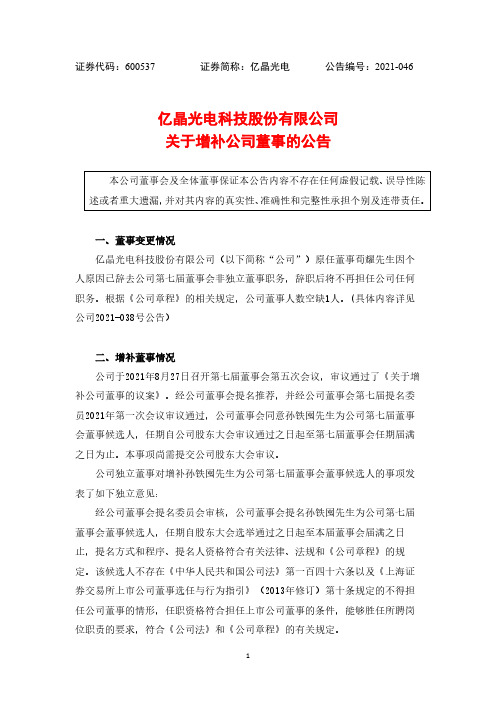 600537亿晶光电科技股份有限公司关于增补公司董事的公告