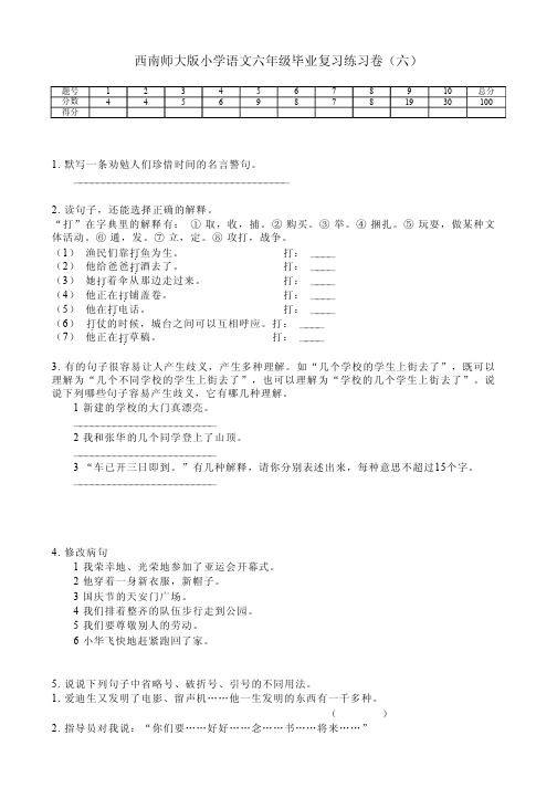 西南师大版小学语文六年级毕业复习练习卷(六)