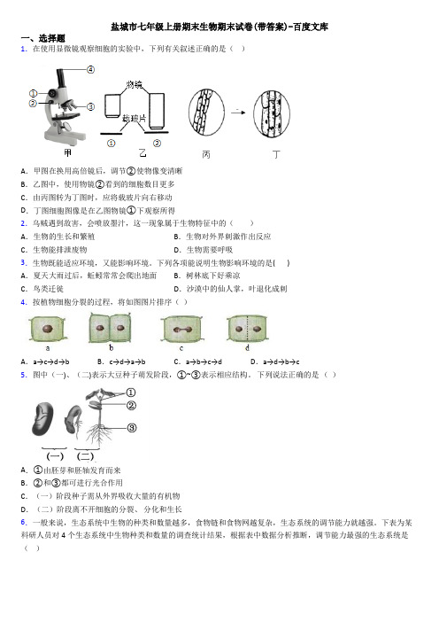 盐城市七年级上册期末生物期末试卷(带答案)-百度文库