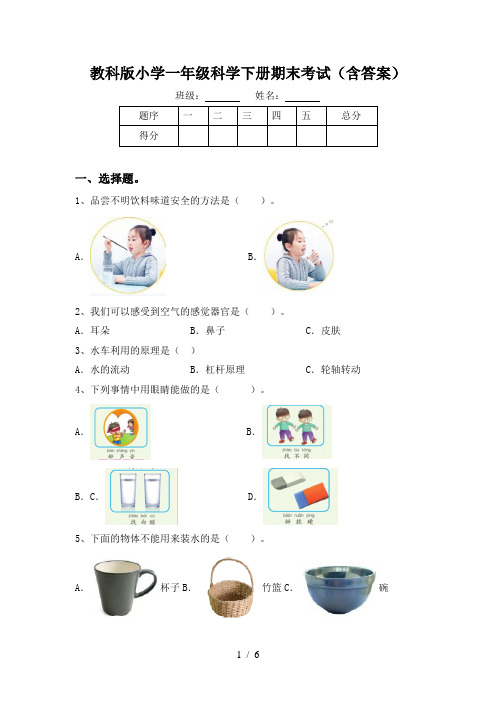 教科版小学一年级科学下册期末考试(含答案)