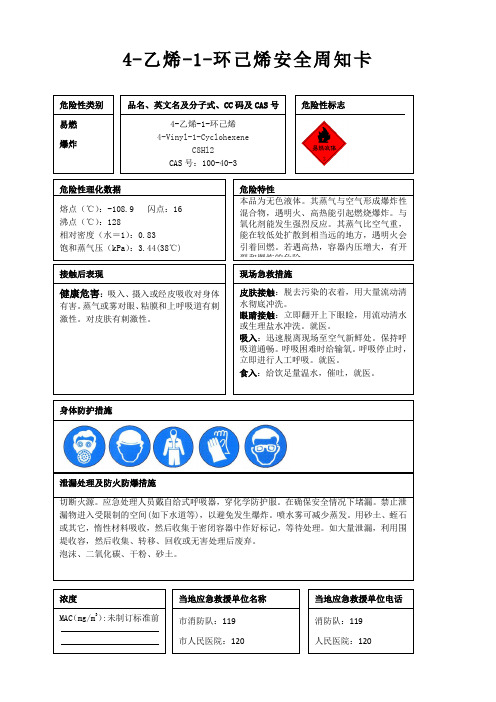 4-乙烯-1-环己烯安全周知卡、职业危害告知卡、理化特性表