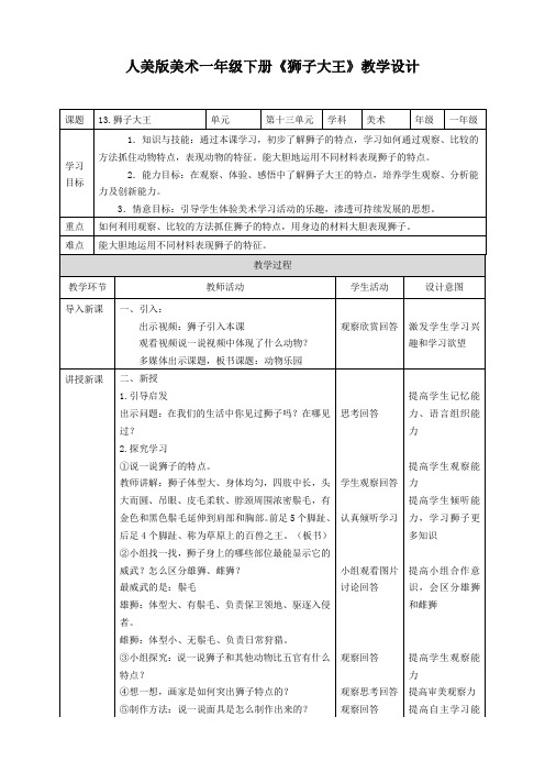 一年级下册美术教案-第十三课《狮子大王》 人美版