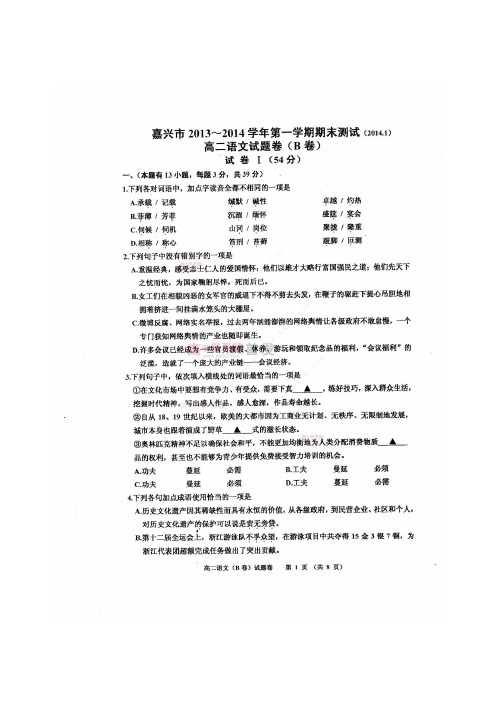 浙江省嘉兴市高二上学期期末测试语文试题B卷 扫描答案