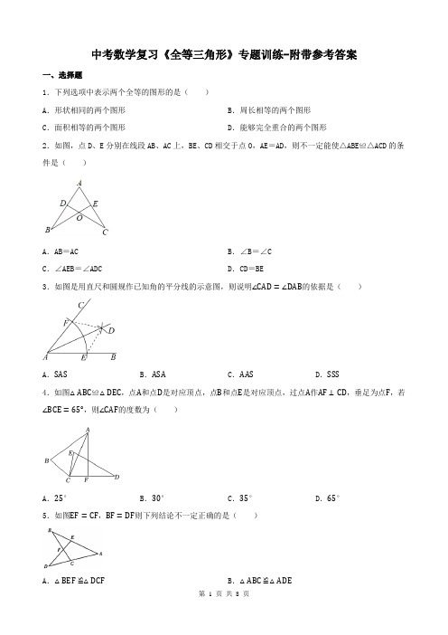 中考数学复习《全等三角形》专题训练-附带参考答案