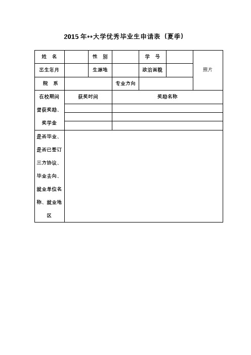 2015年XX大学优秀毕业生申请表(夏季)【模板】