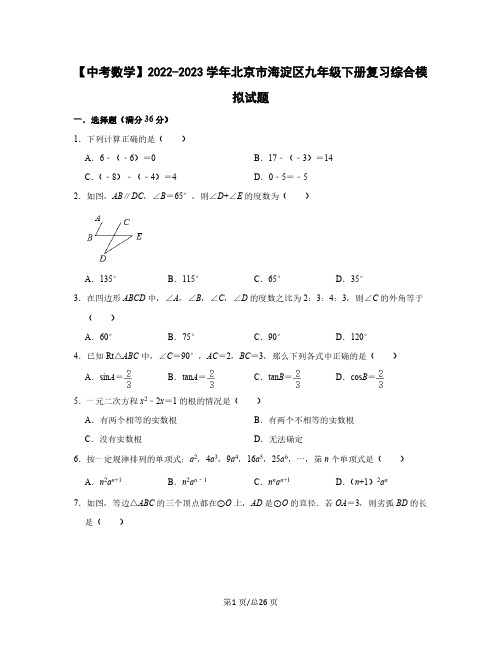 【中考数学】2022-2023学年北京市海淀区九年级下册复习综合模拟试题(含解析)