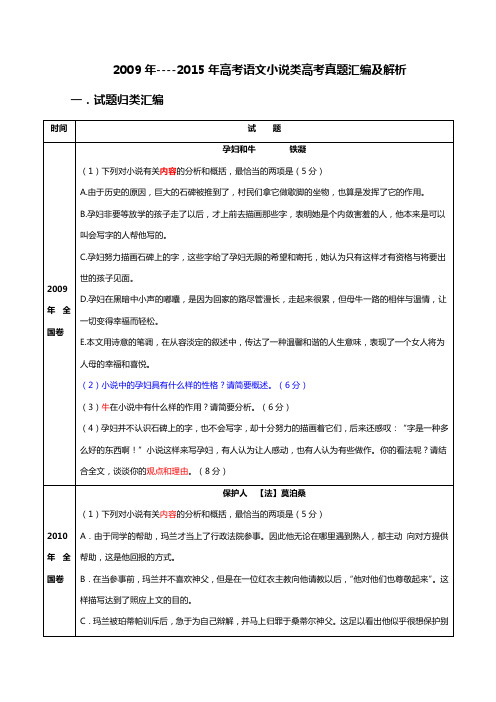 2009年---2015年高考语文小说类高考真题汇编    安乡一中  龚德国