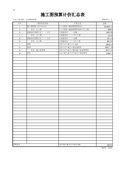 自动喷淋施工图预算计价汇总表