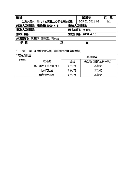 生活饮用水、纯化水的质量监控标准操作规程7011-02