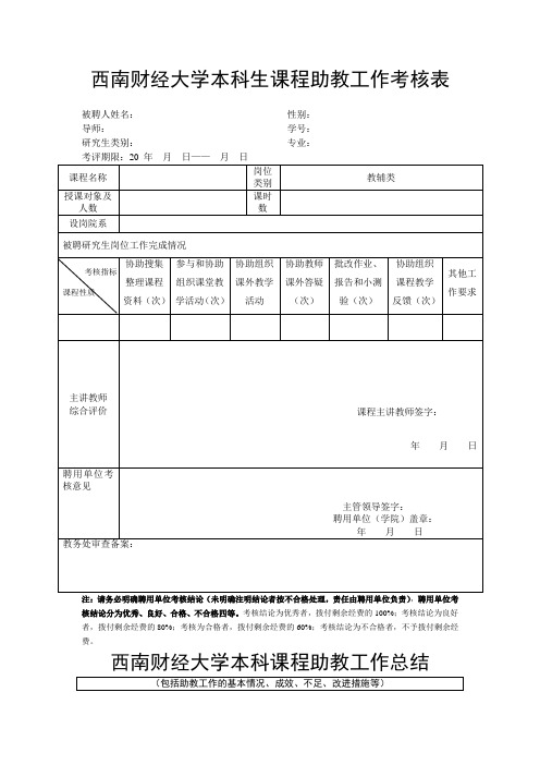 西南财经大学本科生课程助教工作考核表