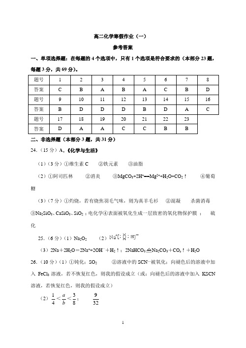 高二化学寒假作业答案