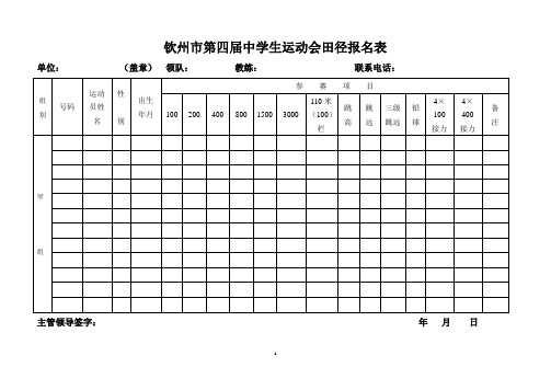 钦州第四届中学生运动会田径报名表