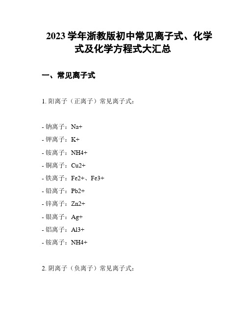 2023学年浙教版初中常见离子式、化学式及化学方程式大汇总