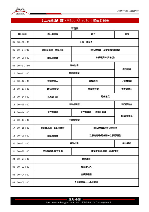 上海广播电台各频率广播节目表(2016年9月1日起执行)