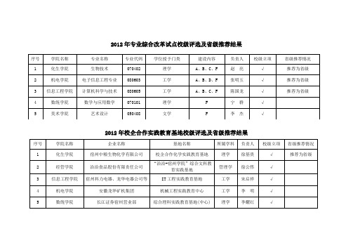 2012年专业综合改革试点校级评选及级推荐结果