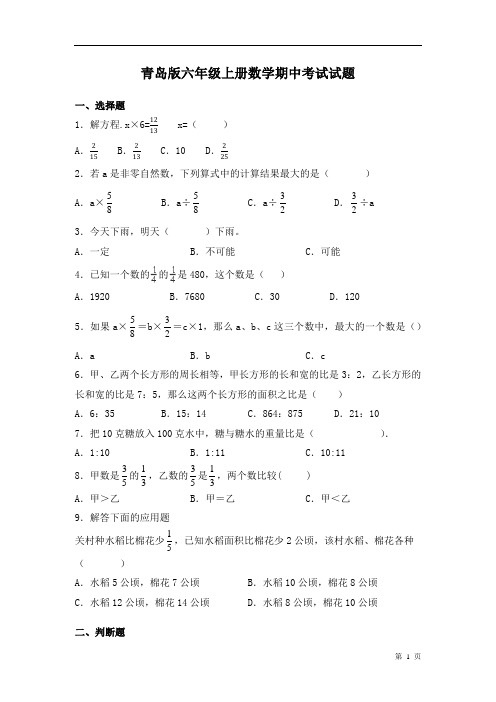 青岛版六年级上册数学期中考试试卷及答案