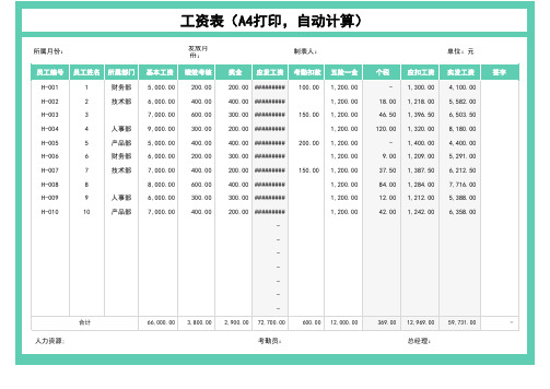 工资表-自动计算,A4打印