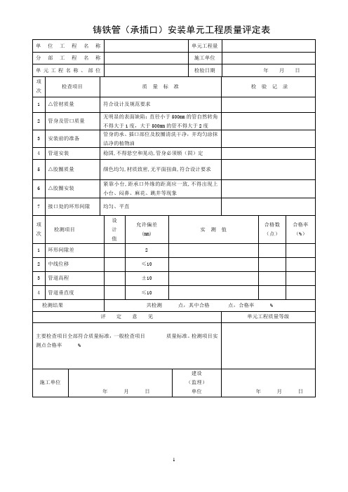 铸铁管(承插口)安装单元工程质量评定表