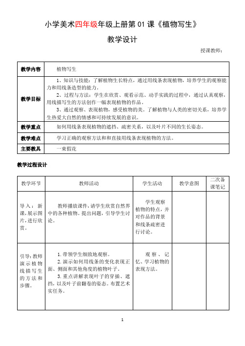 《植物写生》四年级美术教学设计教案